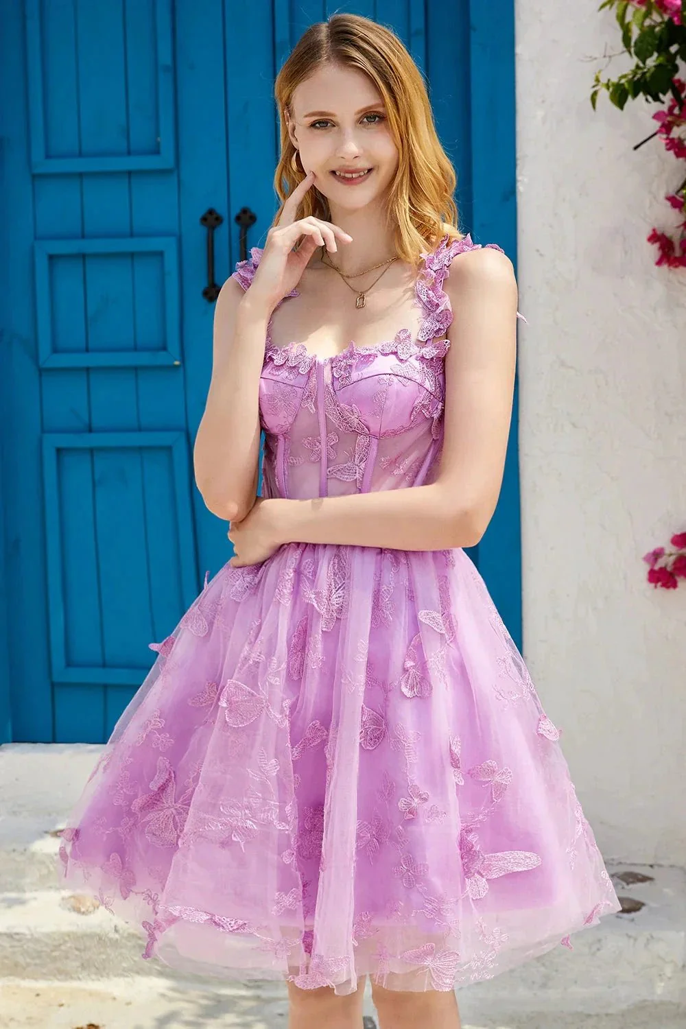 Cute A Line Corset Short Purple Homecoming Dress with Appliques - Image 5