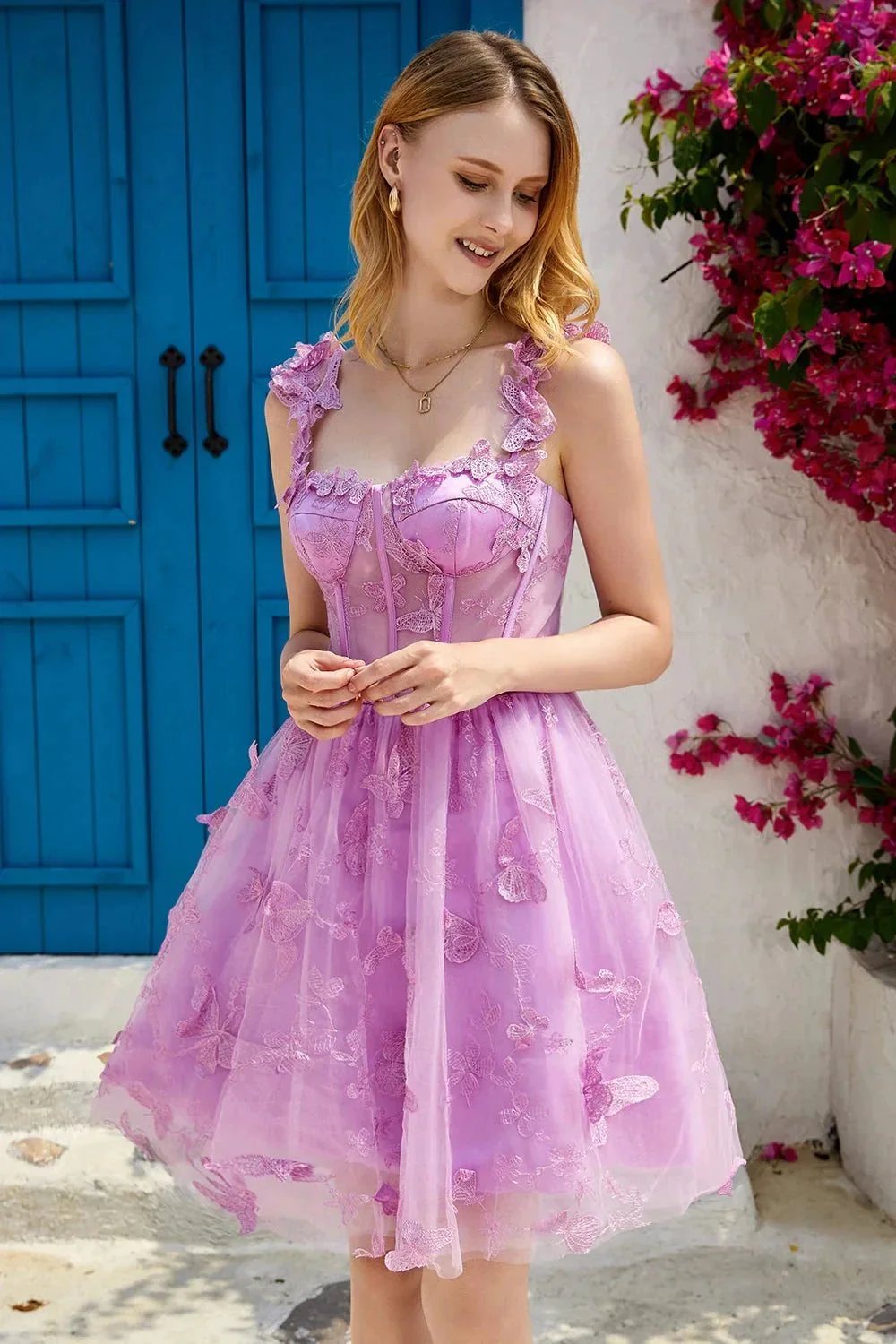 Cute A Line Corset Short Purple Homecoming Dress with Appliques - Image 6