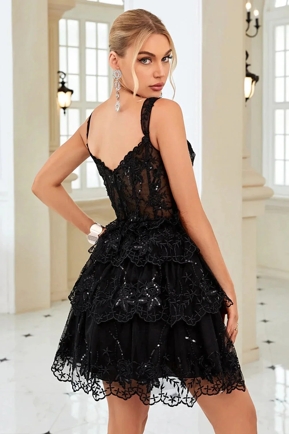 Cute A Line Corset Tiered Short Dark Blue Homecoming Dress with Lace - Image 14