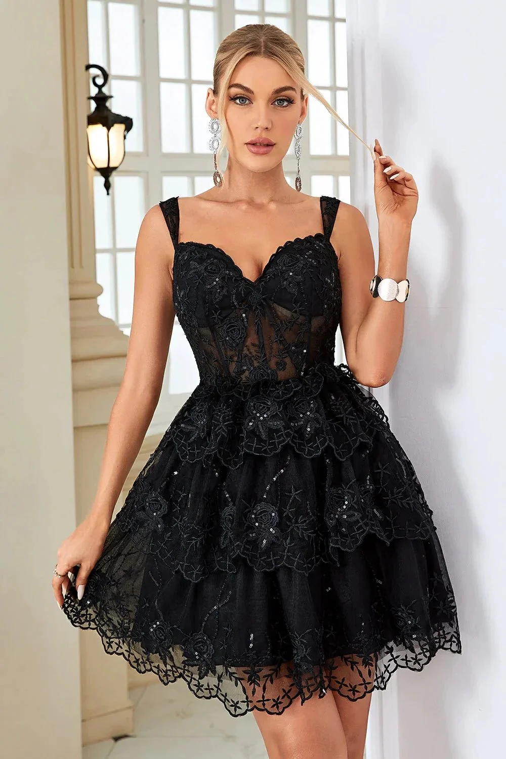 Cute A Line Corset Tiered Short Dark Blue Homecoming Dress with Lace - Image 15