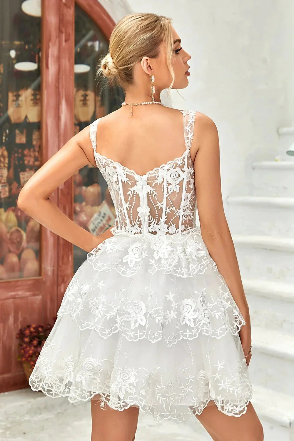 Cute A Line Corset Tiered Short Dark Blue Homecoming Dress with Lace - Image 17