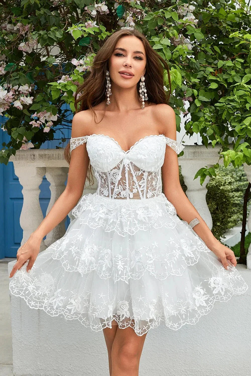 Cute A Line Corset Tiered Short Dark Blue Homecoming Dress with Lace - Image 18