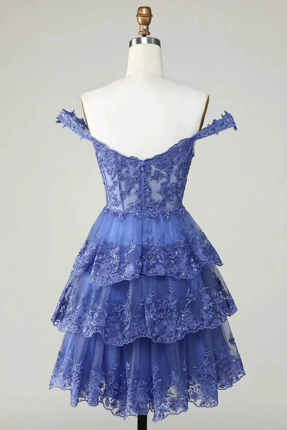 Cute A Line Corset Tiered Short Dark Blue Homecoming Dress with Lace - Image 2