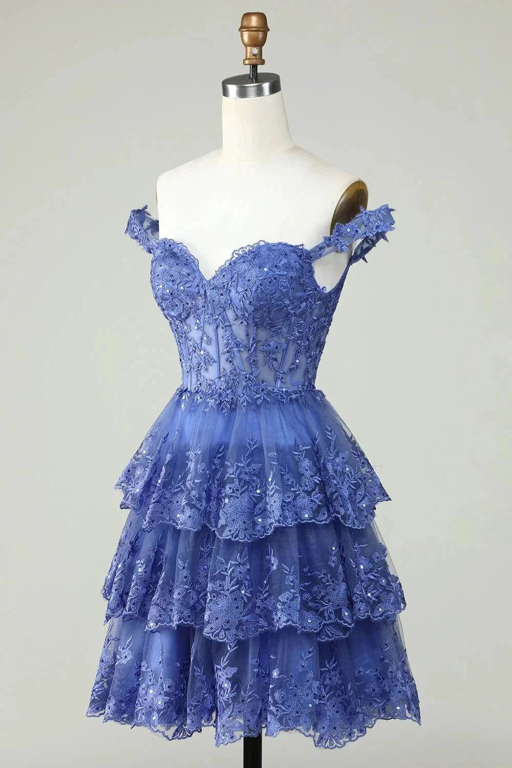 Cute A Line Corset Tiered Short Dark Blue Homecoming Dress with Lace - Image 3