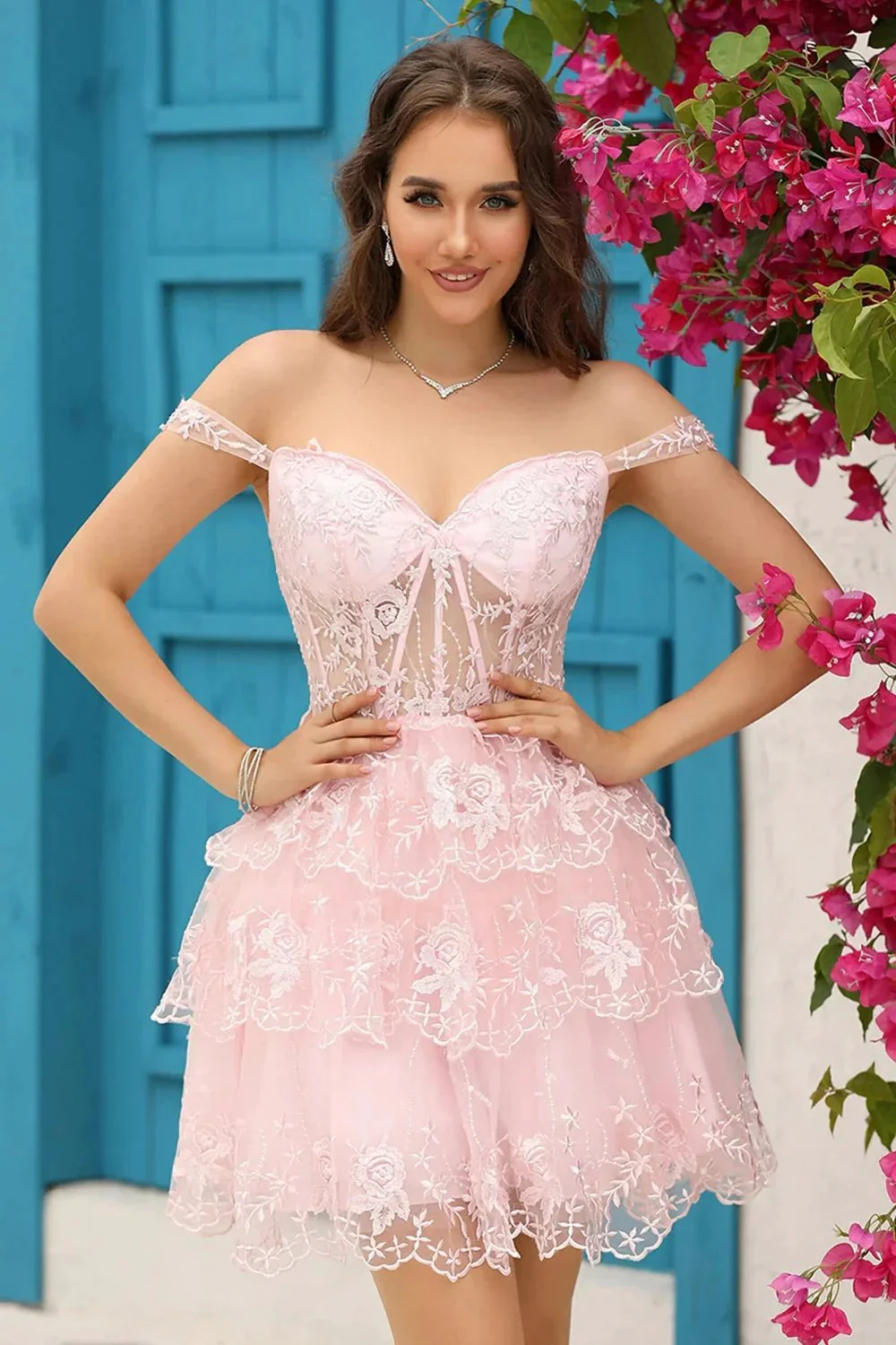 Cute A Line Corset Tiered Short Dark Blue Homecoming Dress with Lace - Image 9
