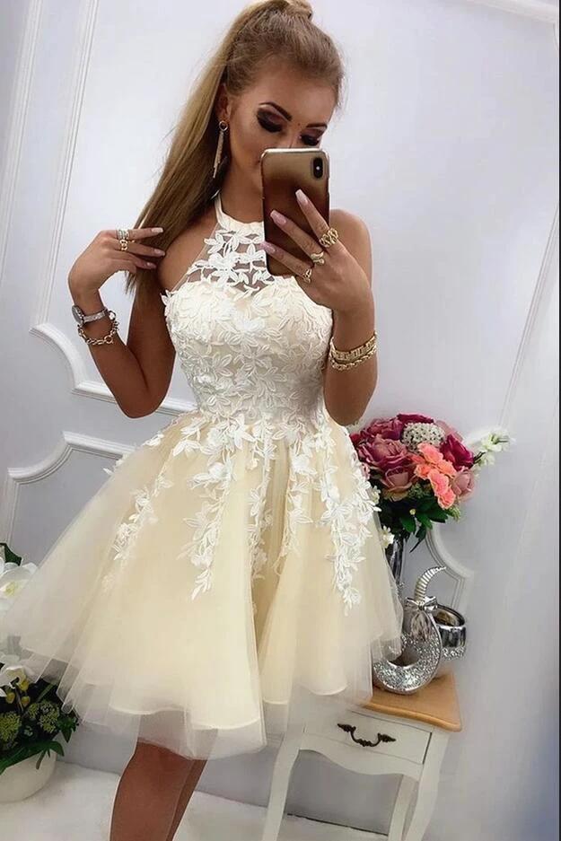 Cute A-line Halter Tulle Lace Short Prom Dresses for Teens - Image 2