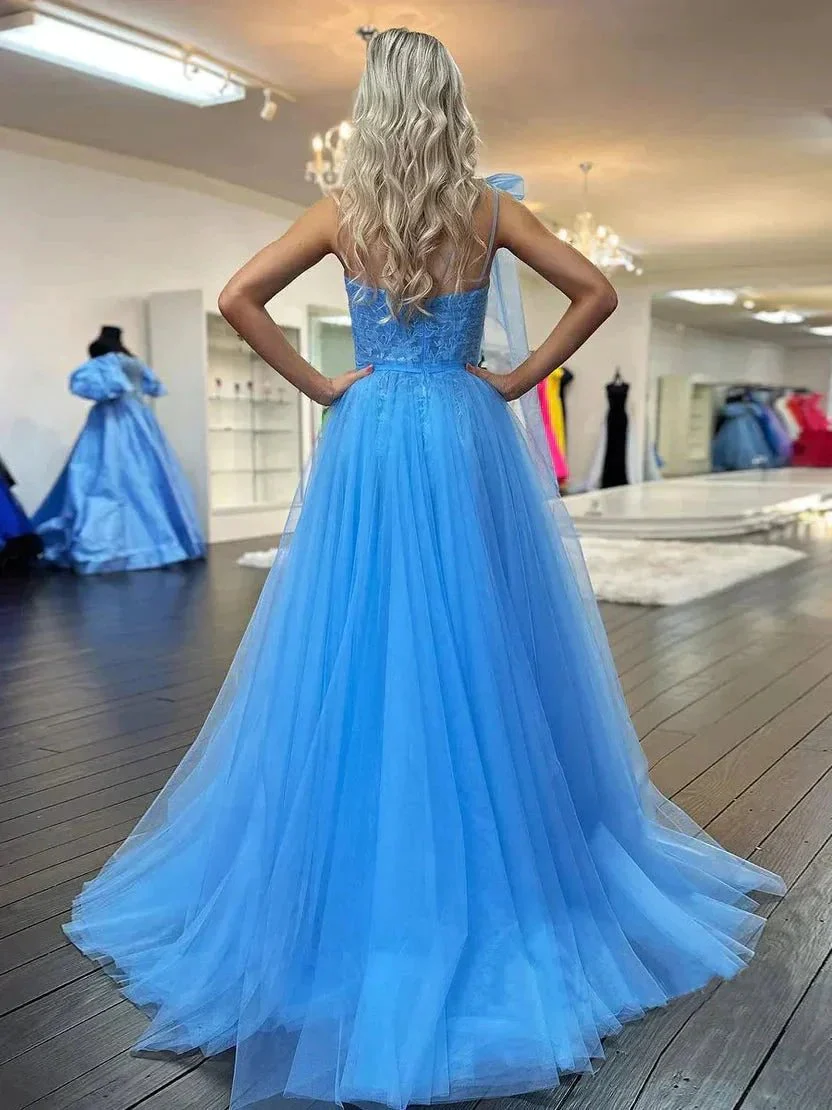 Ximena | Cute A Line One Shoulder Blue Tulle Prom Dress with Appliques - Image 2