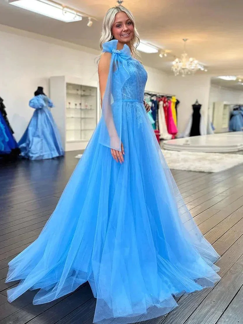 Ximena | Cute A Line One Shoulder Blue Tulle Prom Dress with Appliques - Image 3