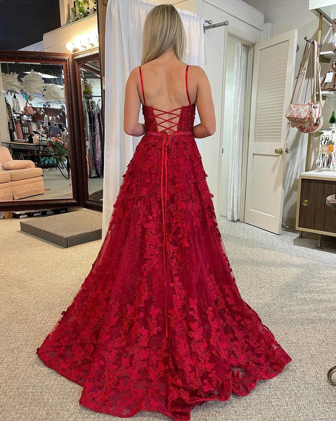 Shana | Cute A Line Scoop Neck Red Lace Prom Dresses with Beading - Image 2