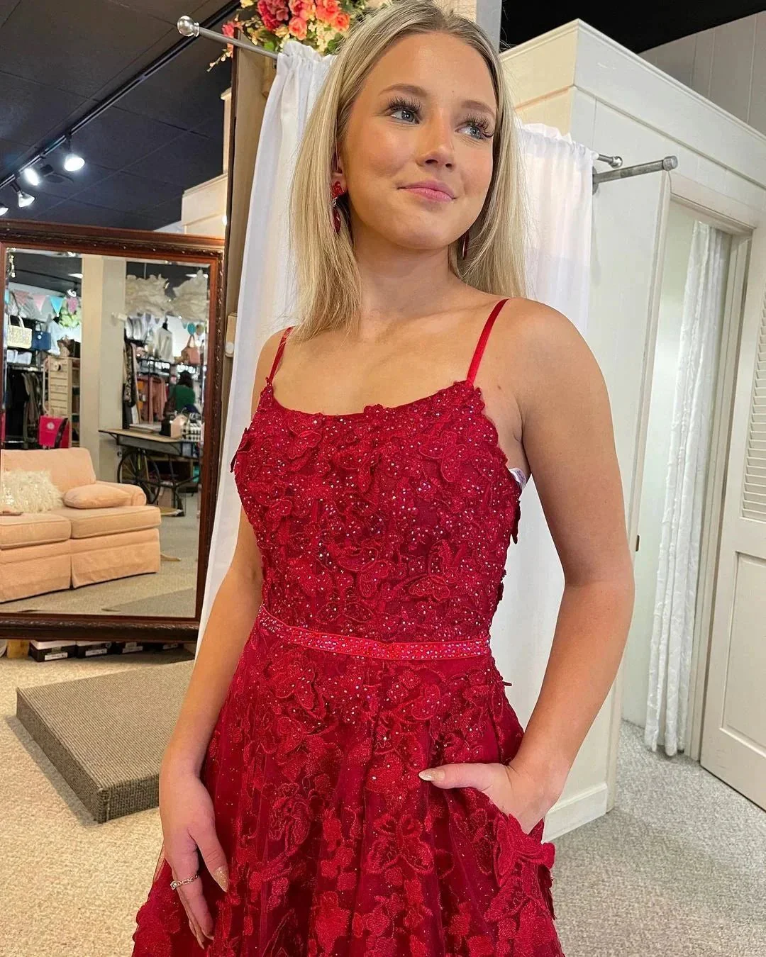 Shana | Cute A Line Scoop Neck Red Lace Prom Dresses with Beading - Image 3