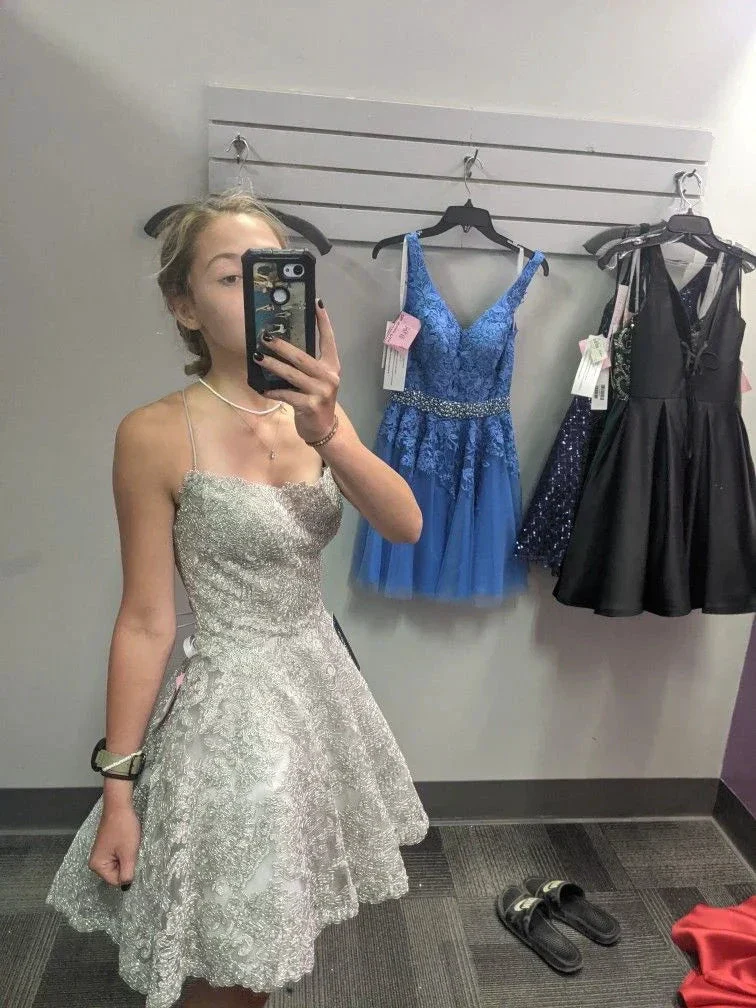 Cute A-line Silver Lace Homecoming Dress 18th Graduation Dress Y2440 - Image 2