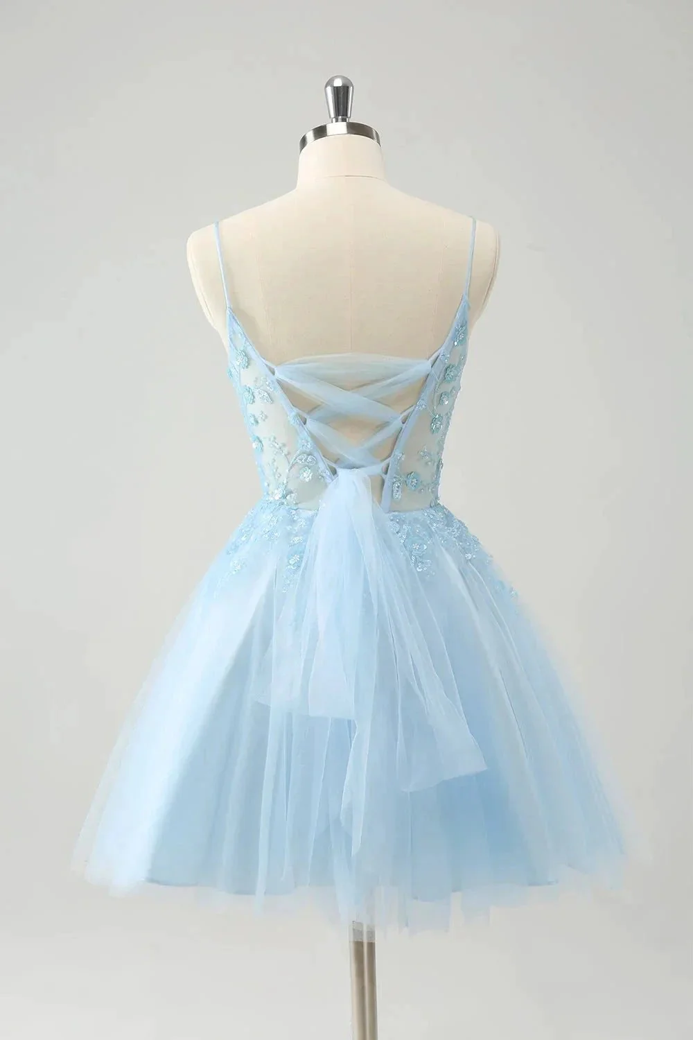 Cute A Line Spaghetti Straps Corset Short Blush Homecoming Dress with Appliques - Image 5