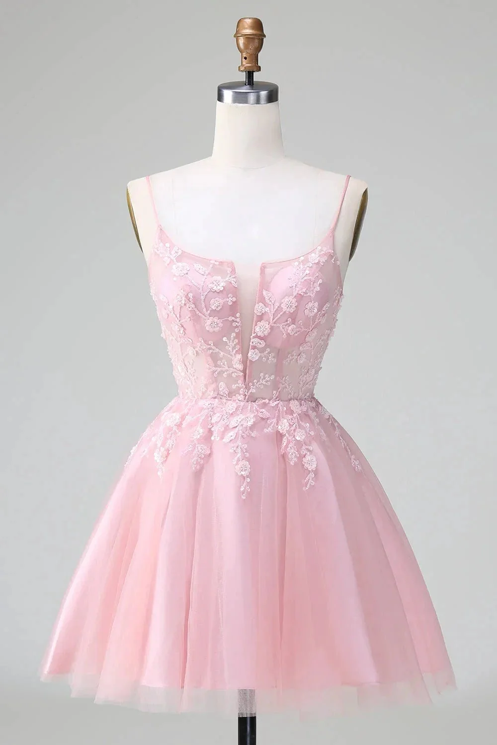 Cute A Line Spaghetti Straps Corset Short Blush Homecoming Dress with Appliques - Image 6