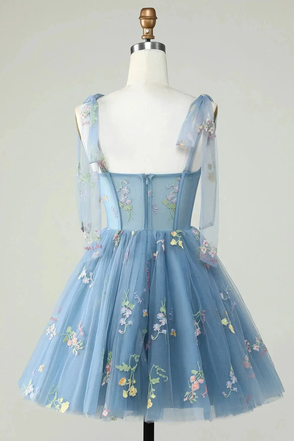 Cute Grey Blue A Line Spaghetti Straps Short Homecoming Dress with Appliques - Image 2