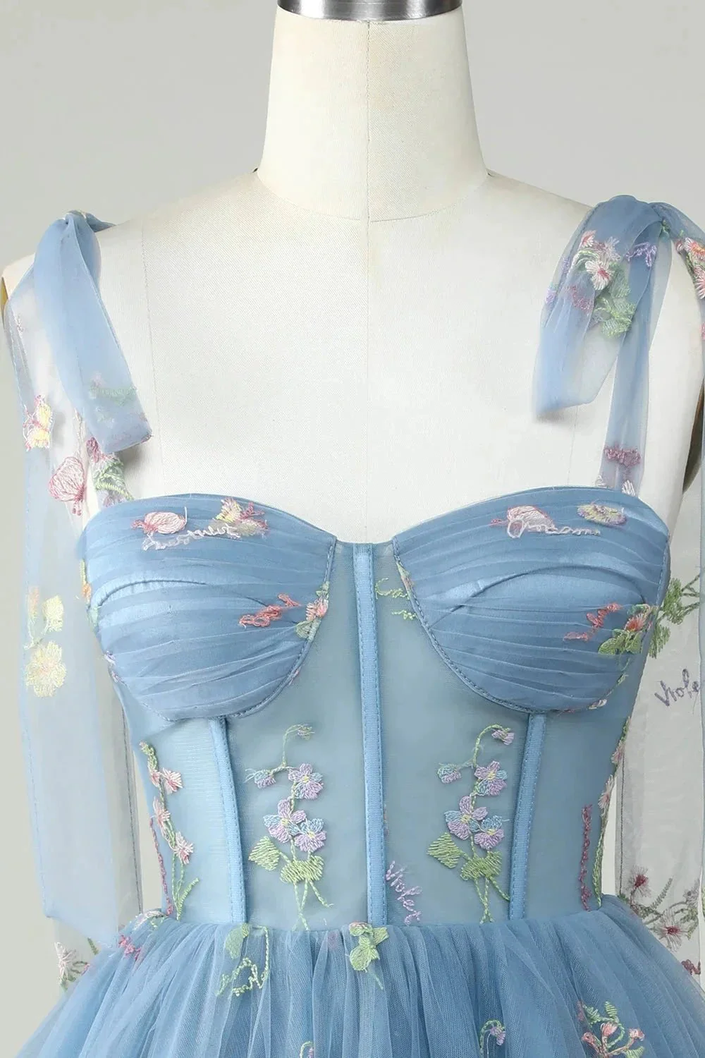 Cute Grey Blue A Line Spaghetti Straps Short Homecoming Dress with Appliques - Image 3