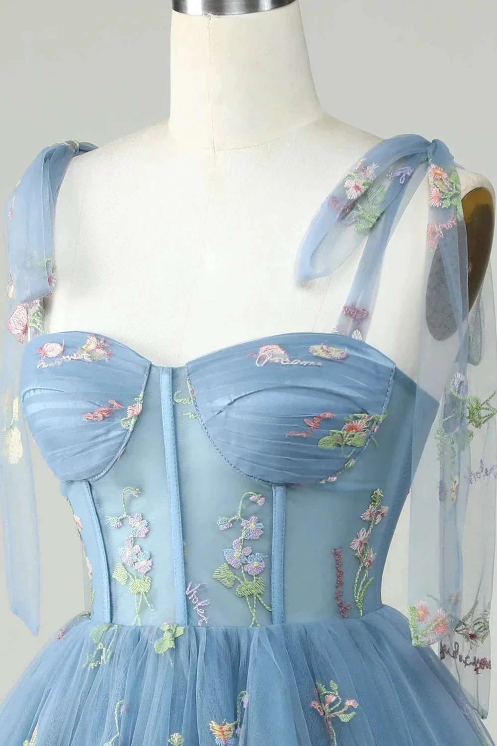 Cute Grey Blue A Line Spaghetti Straps Short Homecoming Dress with Appliques - Image 4