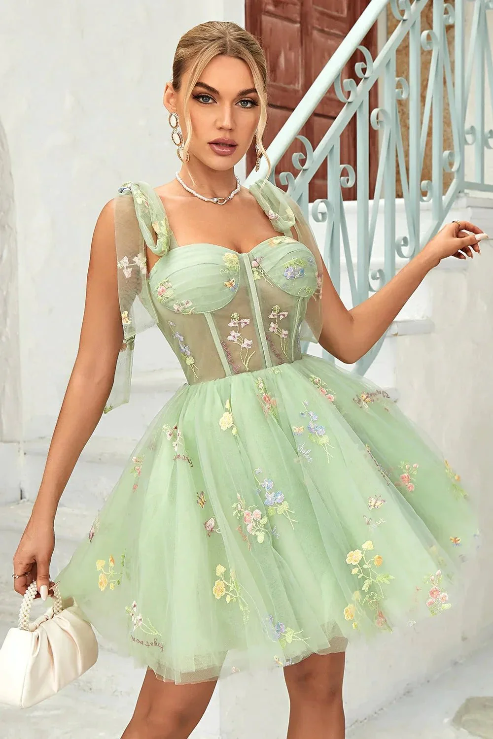 Cute Grey Blue A Line Spaghetti Straps Short Homecoming Dress with Appliques - Image 8