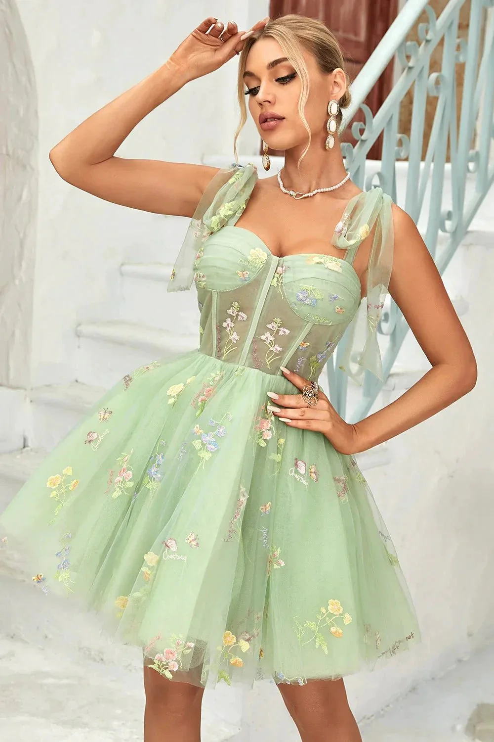 Cute Grey Blue A Line Spaghetti Straps Short Homecoming Dress with Appliques - Image 9
