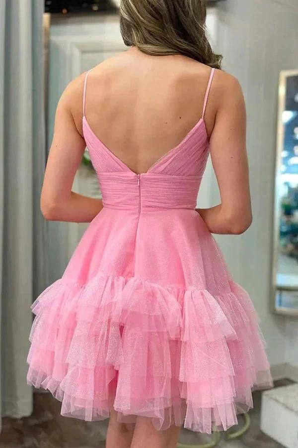 Cute A-Line Spaghetti Straps Pink Tulle Homecoming Party Dress PD481 - Image 2