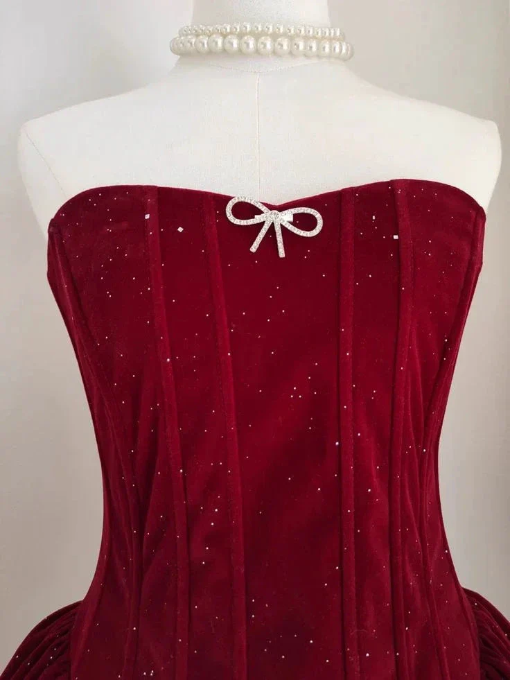 Cute A Line Strapless Burgundy Velvet Ruffles Homecoming Dress Y7972 - Image 2