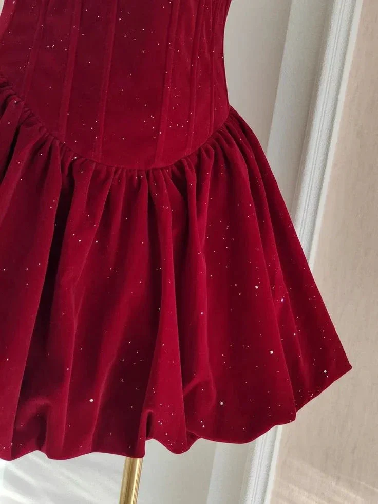 Cute A Line Strapless Burgundy Velvet Ruffles Homecoming Dress Y7972 - Image 3