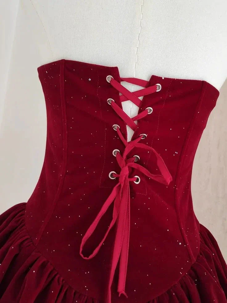 Cute A Line Strapless Burgundy Velvet Ruffles Homecoming Dress Y7972 - Image 4