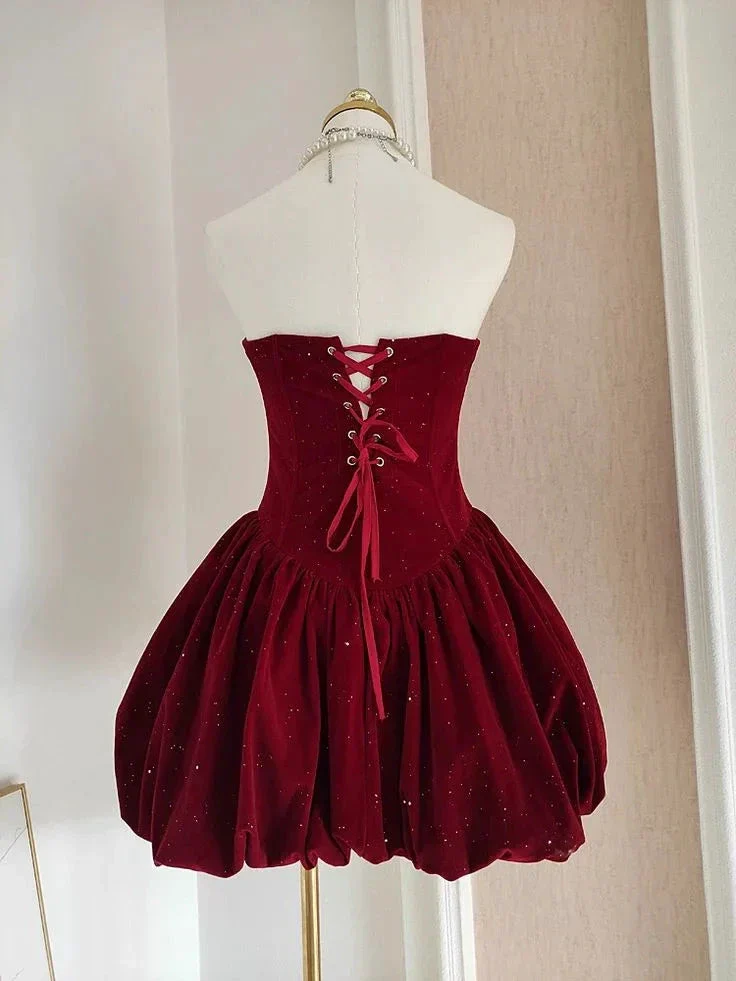 Cute A Line Strapless Burgundy Velvet Ruffles Homecoming Dress Y7972 - Image 5