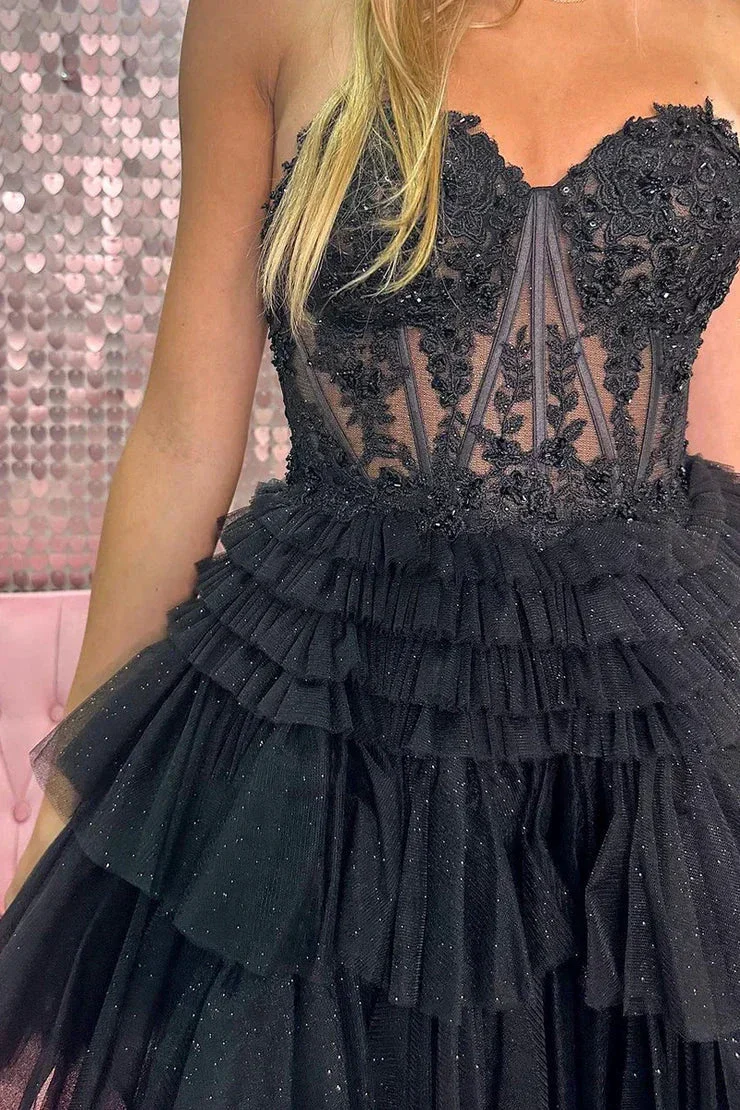Cute A Line Sweetheart Tulle Black Short Homecoming Dresses with Appliques Y2725 - Image 2
