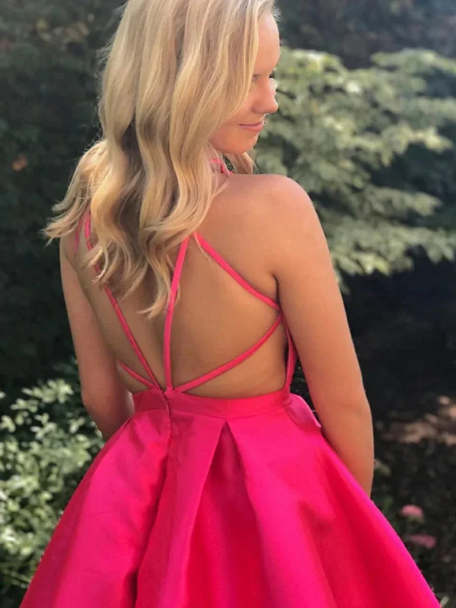Cute A-line V Neck Open Back Fuchsia Short Prom Homecoming Dresses - Image 2