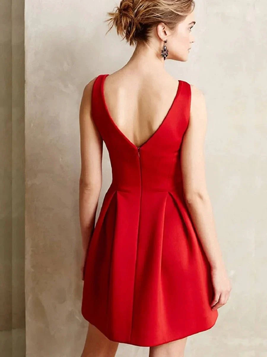 Cute A-line V Neck Sleeveless Red Short Prom Homecoming Dresses - Image 2