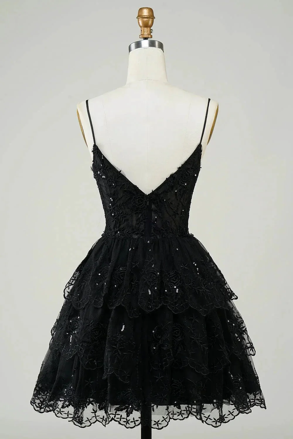 Cute Black A Line Sparkly Sequin Tiered Corset Short Homecoming Dress - Image 2