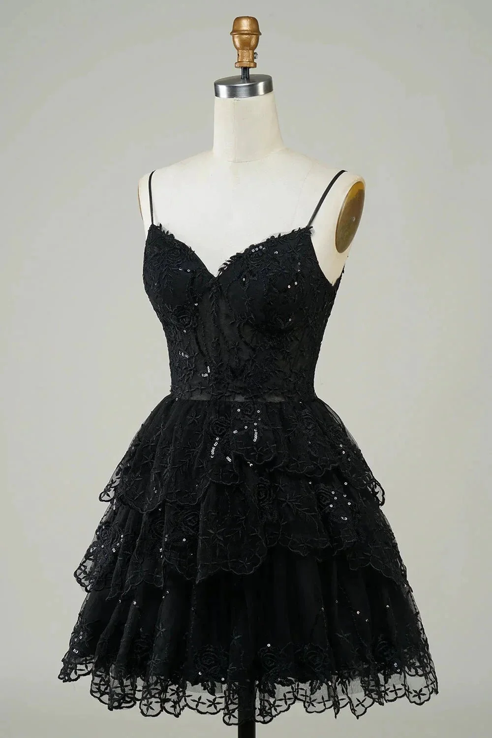 Cute Black A Line Sparkly Sequin Tiered Corset Short Homecoming Dress - Image 3