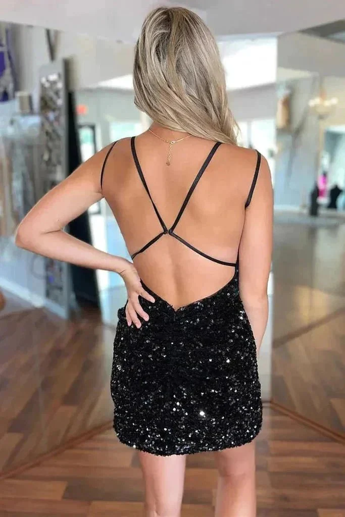 Cute Black V Neck Backless Sequins Tight Homecoming Dresses PD486 - Image 2