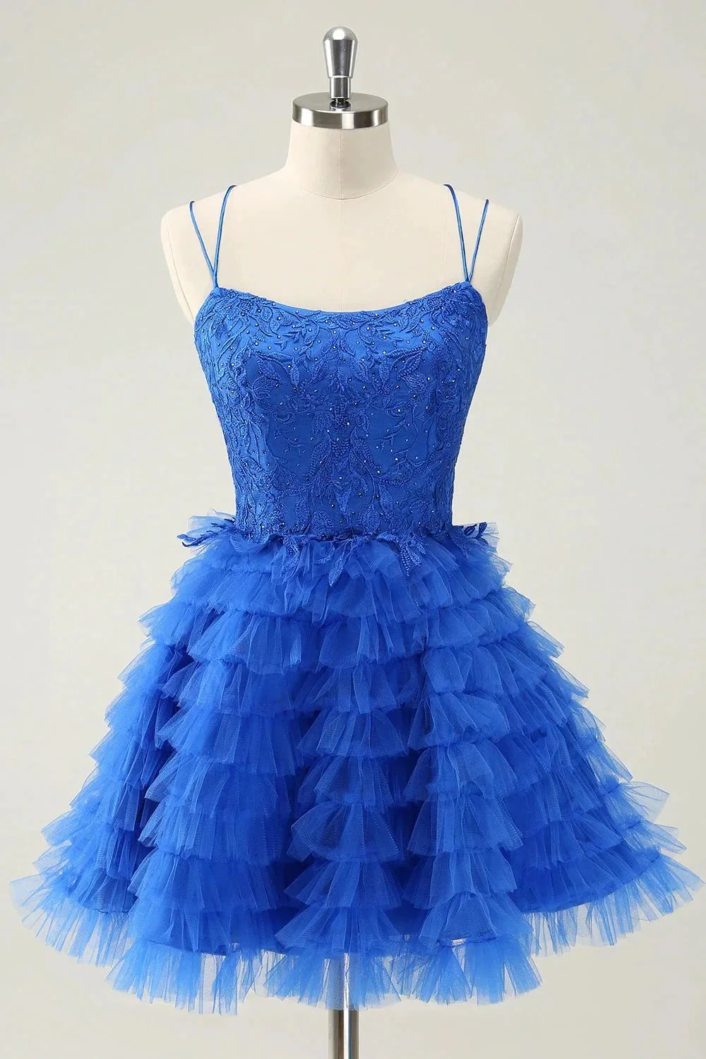 Cute Blue A Line Lace Up Back Tiered Short Homecoming Dress with Beading - Image 8
