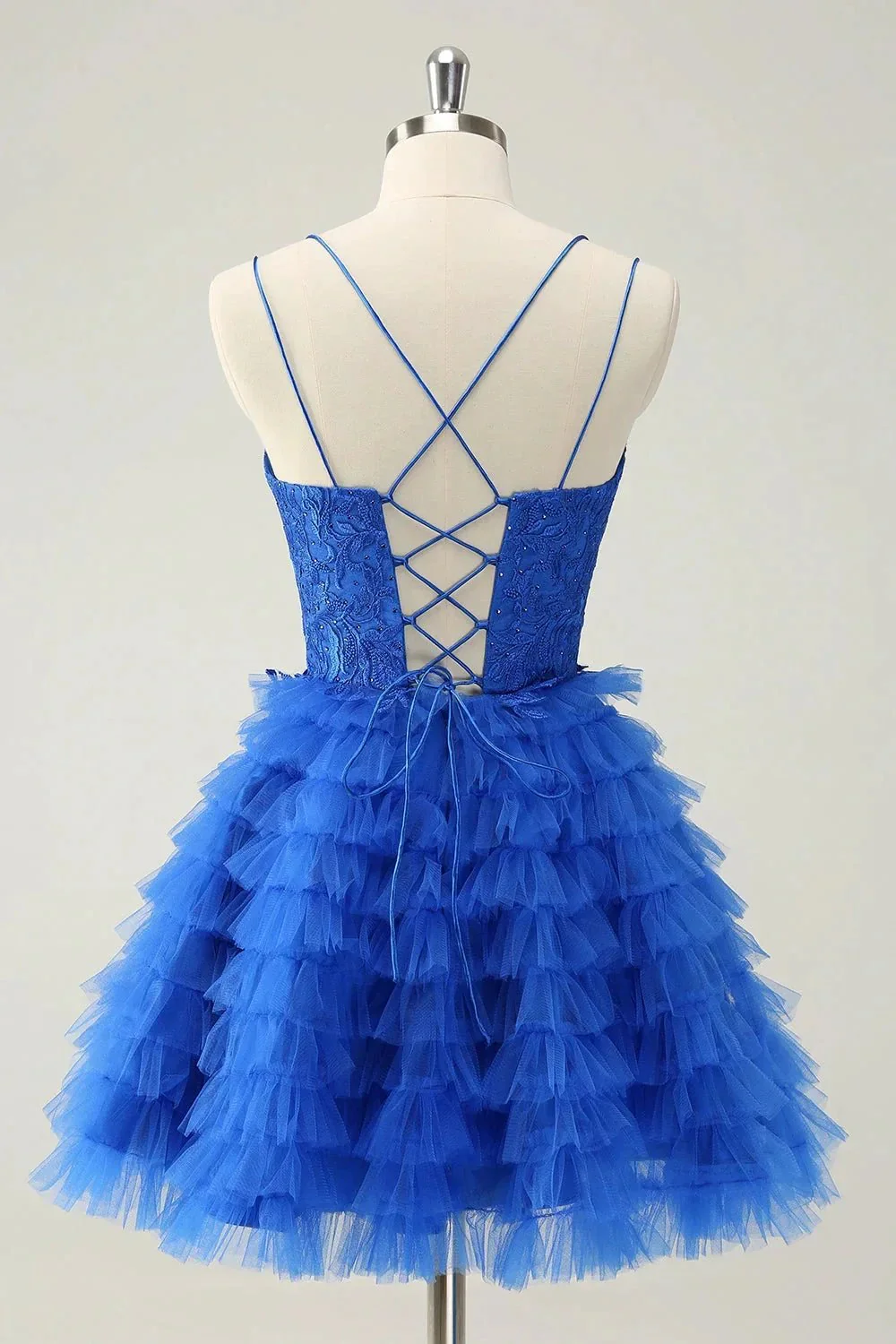 Cute Blue A Line Lace Up Back Tiered Short Homecoming Dress with Beading - Image 9