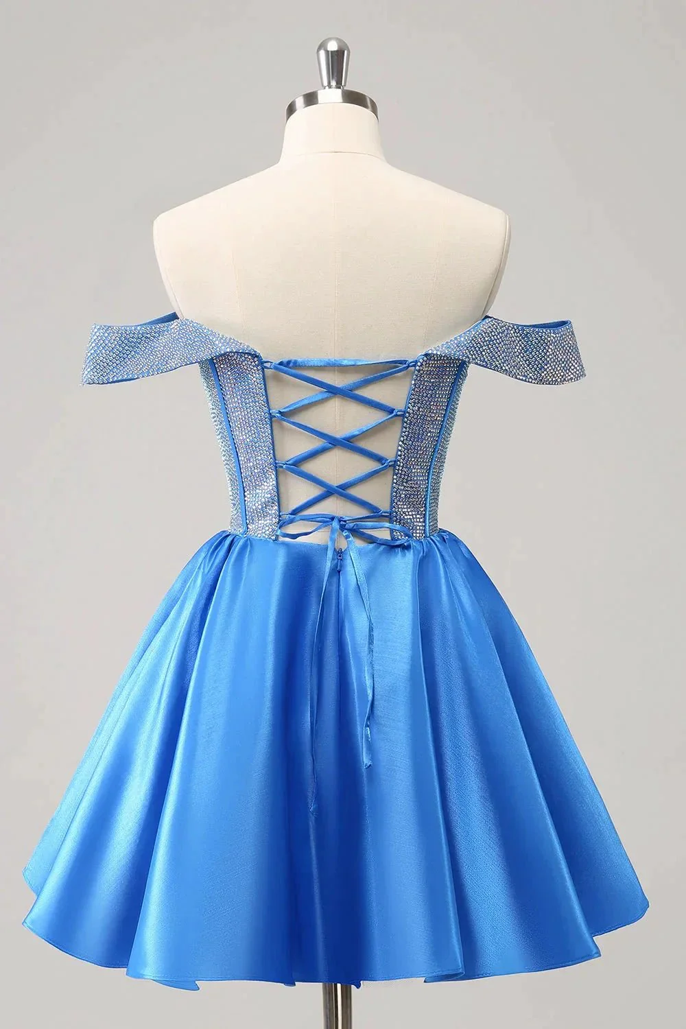 Cute Blue A Line Off The Shoulder Corset Homecoming Dress with Beading - Image 2