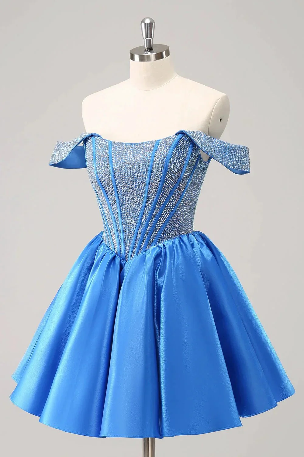 Cute Blue A Line Off The Shoulder Corset Homecoming Dress with Beading - Image 4