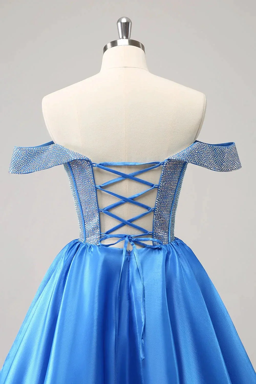 Cute Blue A Line Off The Shoulder Corset Homecoming Dress with Beading - Image 6