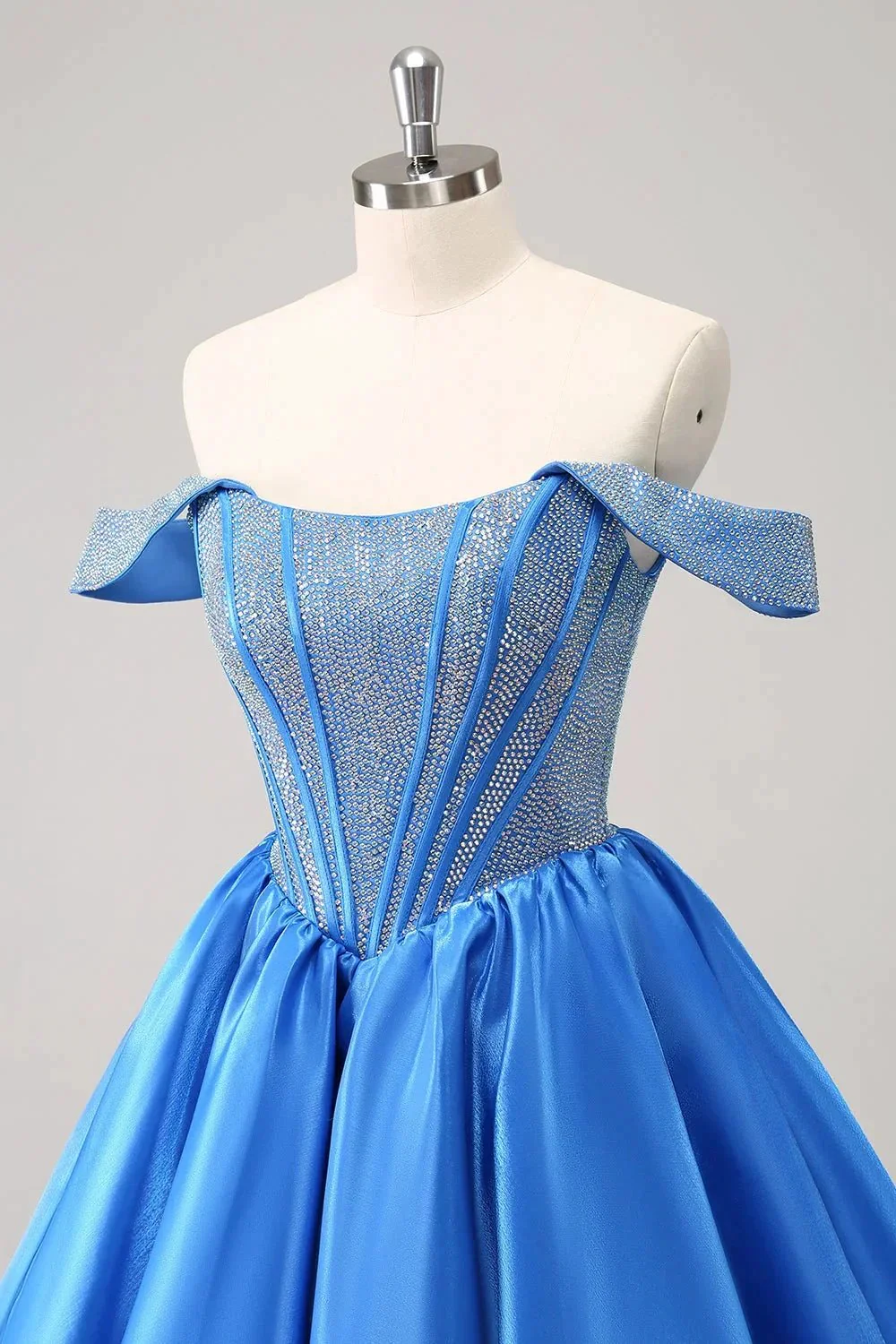 Cute Blue A Line Off The Shoulder Corset Homecoming Dress with Beading - Image 7