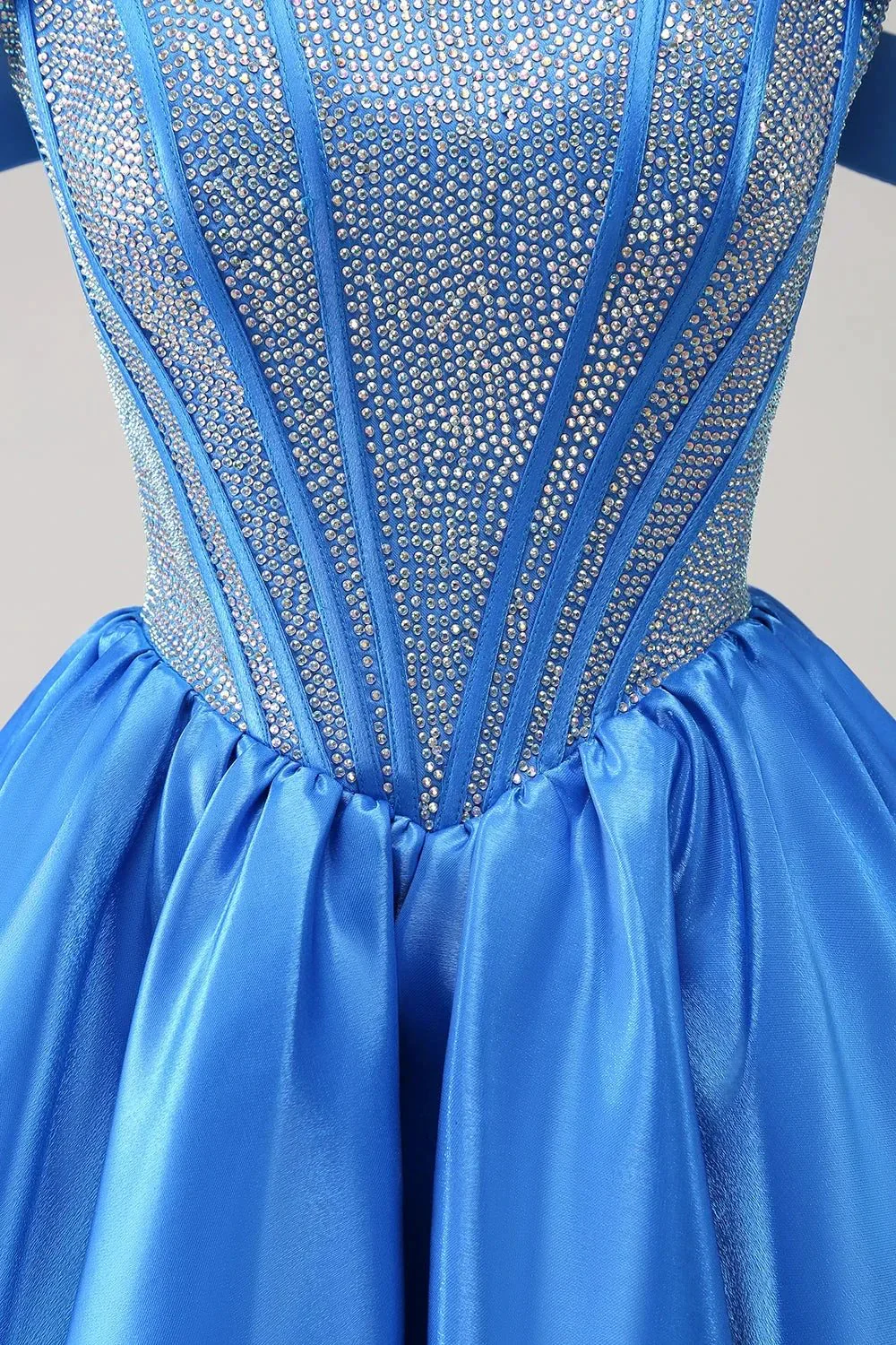 Cute Blue A Line Off The Shoulder Corset Homecoming Dress with Beading - Image 8