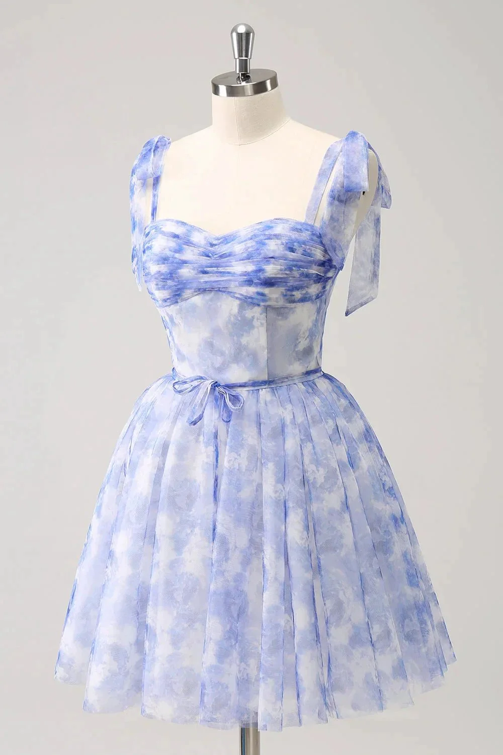 Cute Blue A Line Spaghetti Straps Pleated Short Homecoming Dress With Lace Up Back - Image 3