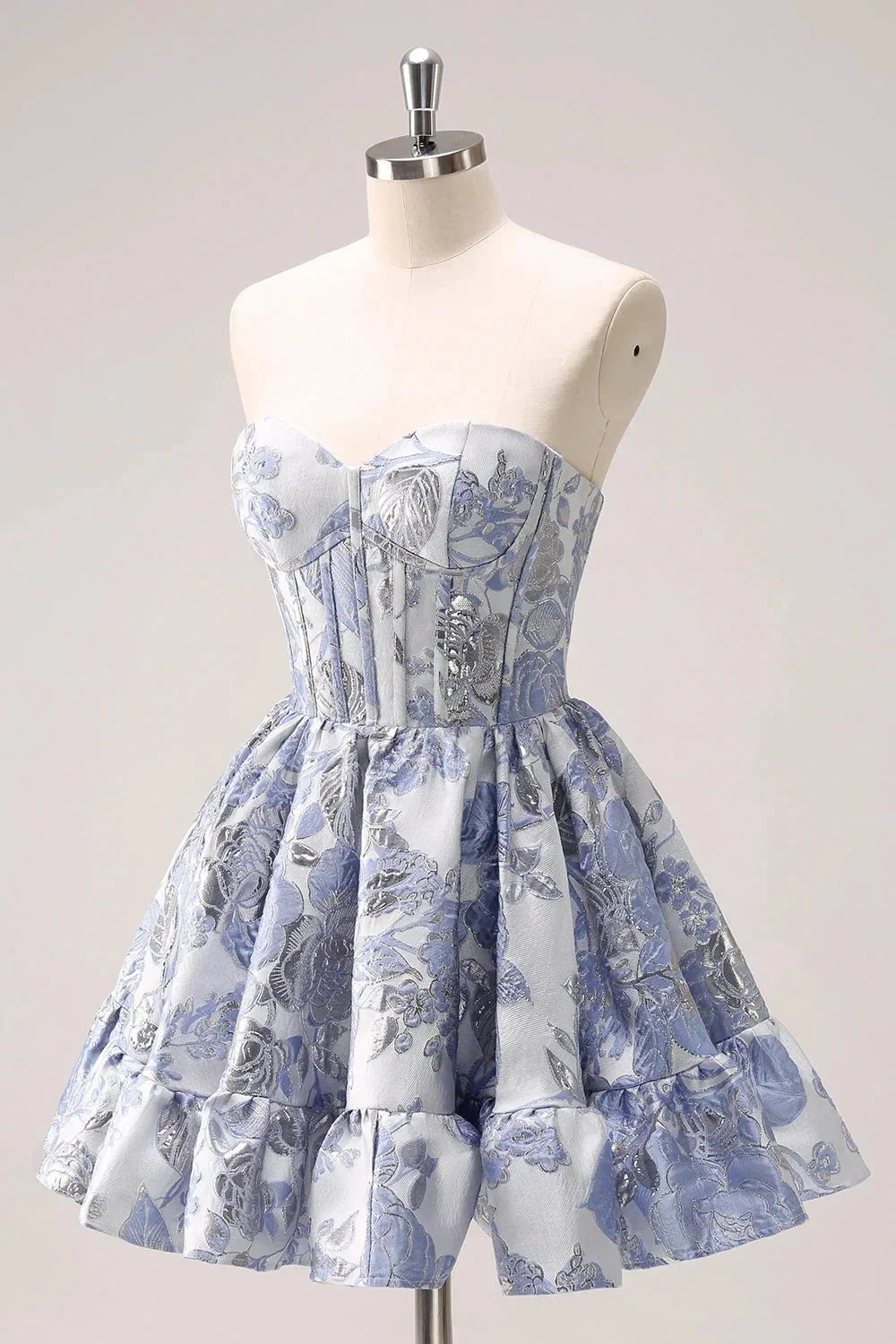 Cute Blue A Line Sweetheart Print Corset Short Homecoming Dress with Ruffles - Image 3