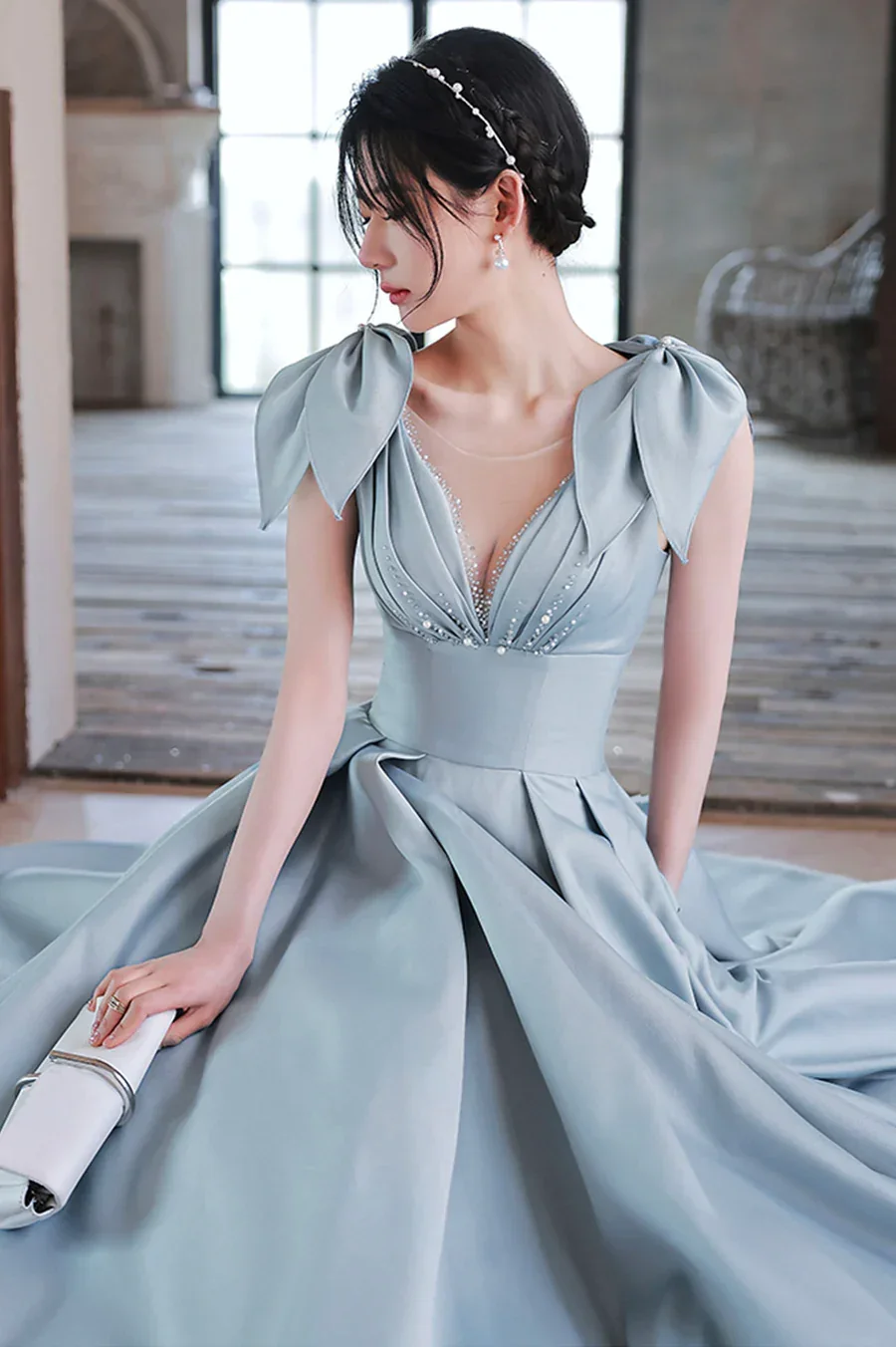 Cute Blue Satin Long Prom Dress A-Line Blue Evening Dress Y4549 - Image 2