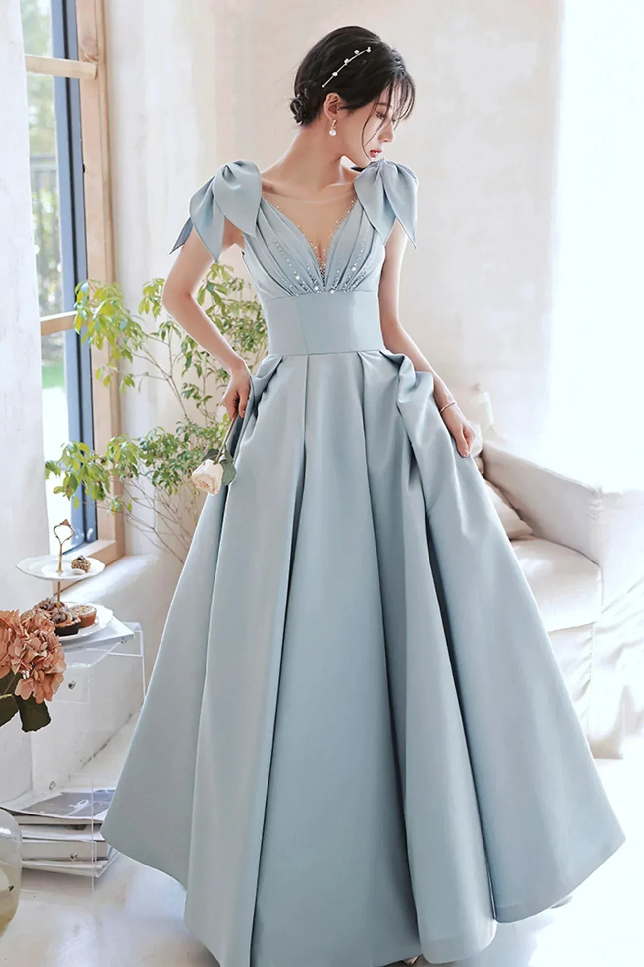 Cute Blue Satin Long Prom Dress A-Line Blue Evening Dress Y4549 - Image 3