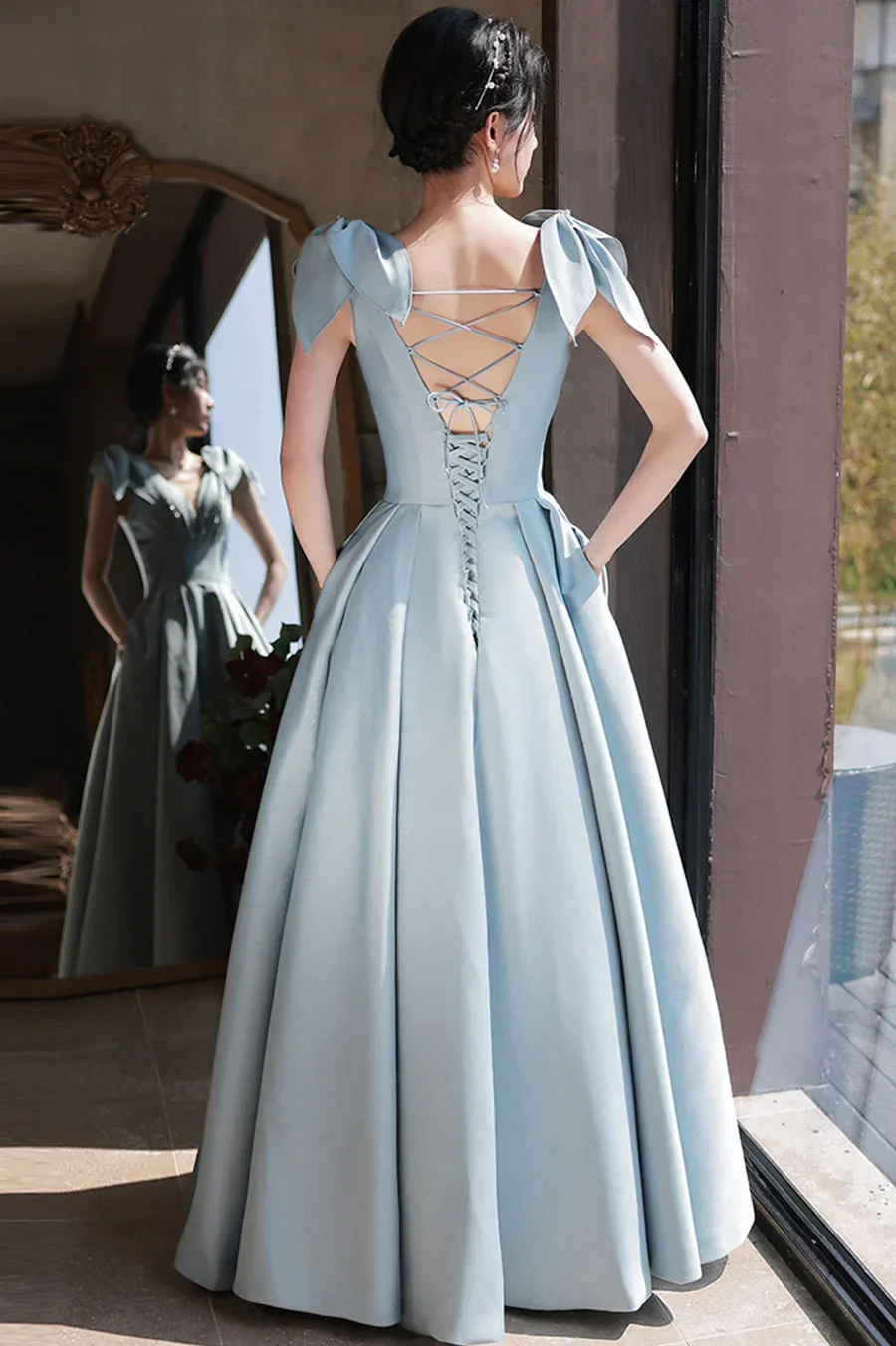 Cute Blue Satin Long Prom Dress A-Line Blue Evening Dress Y4549 - Image 4