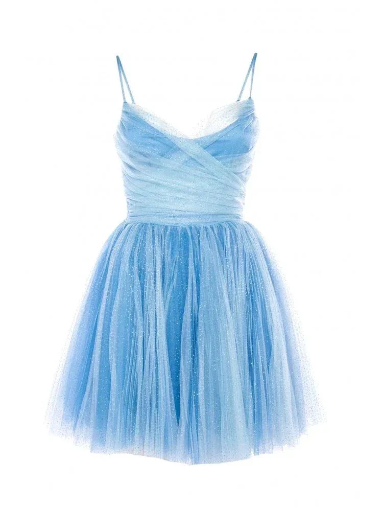 Cute Blue Spaghetti Straps Homecoming Dress Blue Tulle Party Dress Y2528 - Image 2