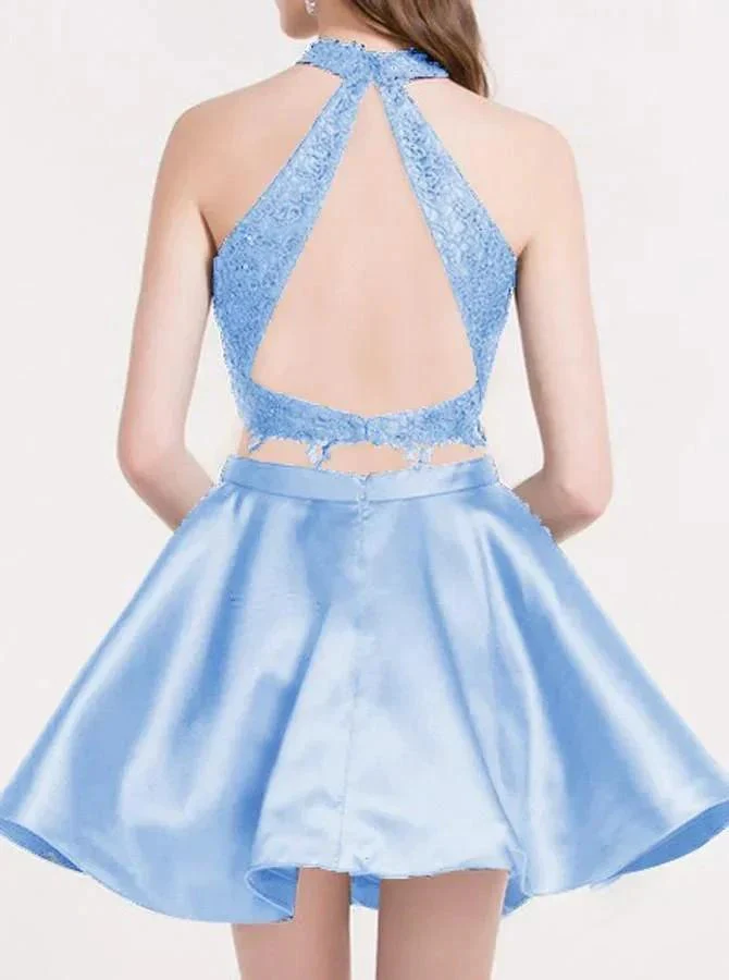 Cute Blue Two Pieces Lace Satin Short Prom Dress Homecoming Dress PG196 - Image 2