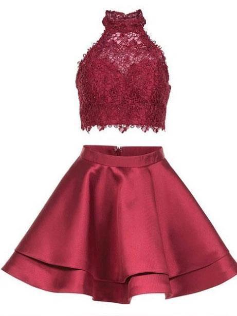 Cute Blue Two Pieces Lace Satin Short Prom Dress Homecoming Dress PG196 - Image 3
