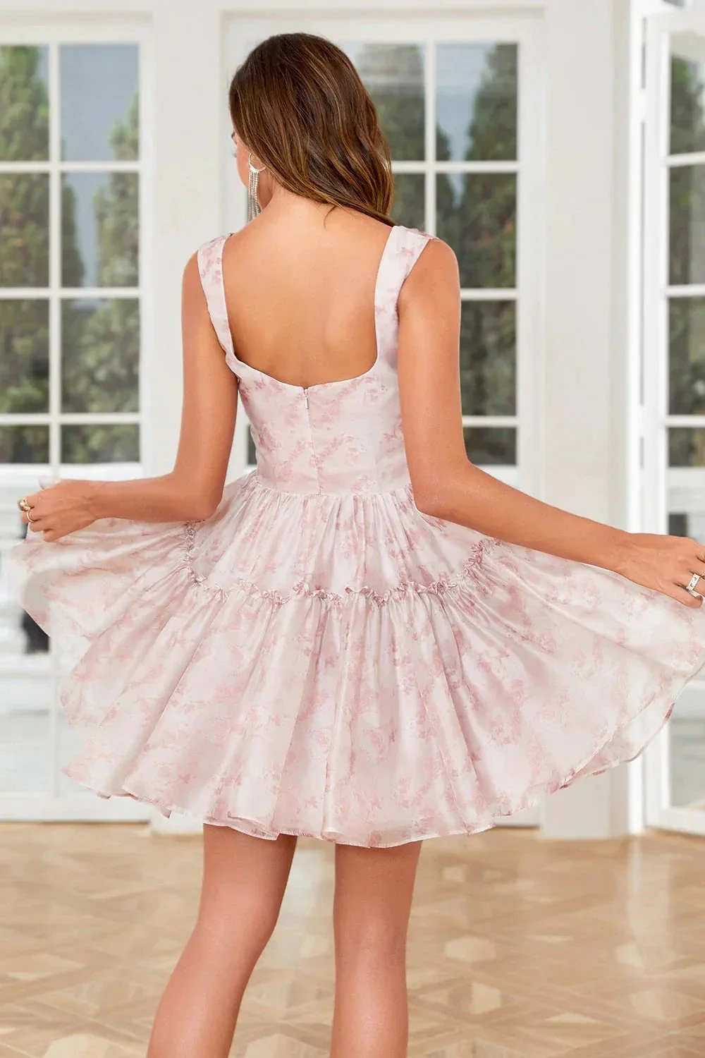 Cute Blush A Line Off The Shoulder Corset Pleated Unique Print Homecoming Dress with Ruffles - Image 2