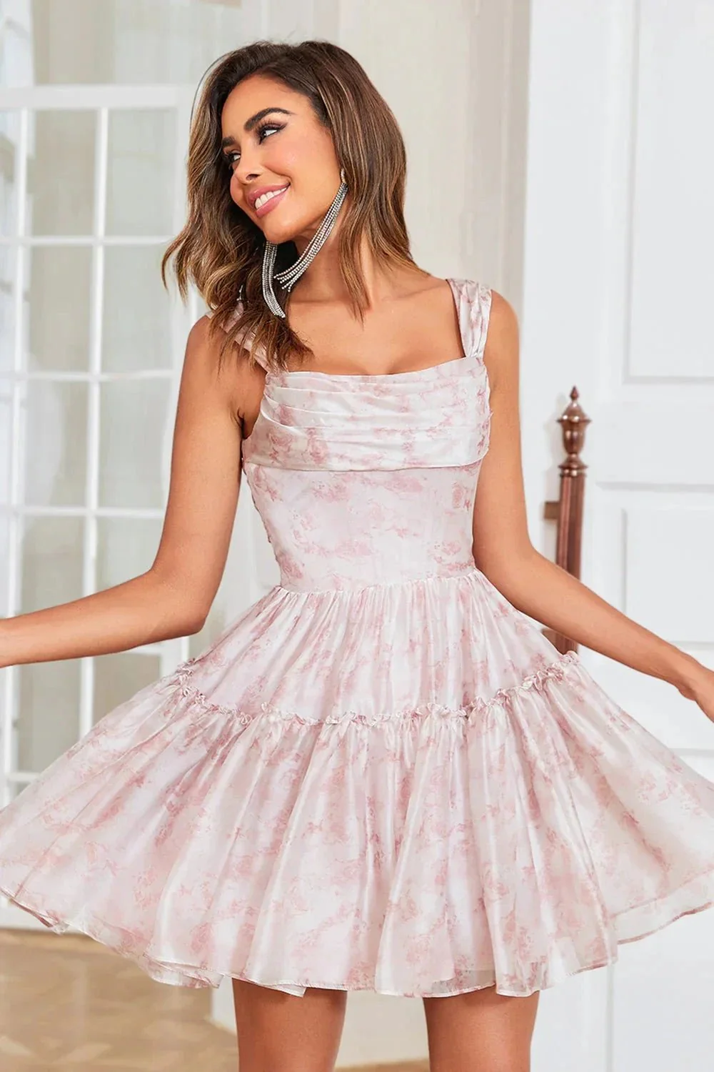 Cute Blush A Line Off The Shoulder Corset Pleated Unique Print Homecoming Dress with Ruffles - Image 4